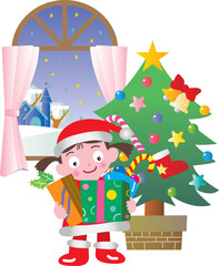 Obraz na płótnie Canvas サンタクロースのかっこうをした女の子のクリスマスカード 