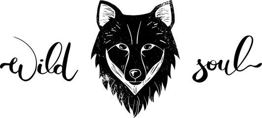 Linocut styled wolf portrait with wild soul lettering - 540432863
