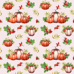 Watercolor seamless pattern with pumpkins, Brier leaves and berries. Autumn illustration isolated on light backround