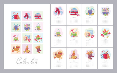 2023 calendar template. Calendar concept design with cozy subjects. Set of 12 months 2021 pages. Vector illustration
