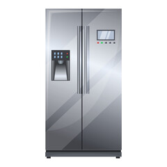 Stainless refrigerator with two doors isolated on white background. House hold electronic appliance. Silver freezer front view. Sectional smart fridge, flat mockup home appliance. Vector illustration