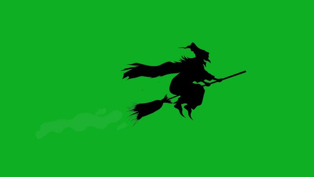 witch sitting on broom flying on blue screen background. used to make halloween effect videos