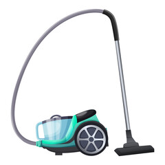 Modern vacuum cleaner without bag isolated on white background. House hold appliance with hose pipe and brush for quick cleaning room. New turquoise color design home work device. Vector illustration