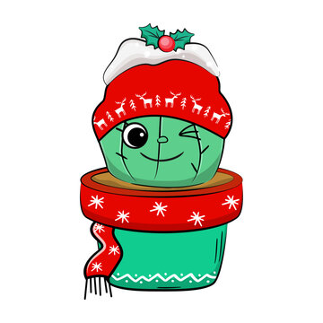 Cute Cartoon Merry Christmas Cactus. Vector Stock Illustration.