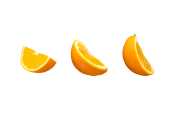 Fresh yellow quarter of oranges isolated on a white background. Full Depth of field. Clipping path