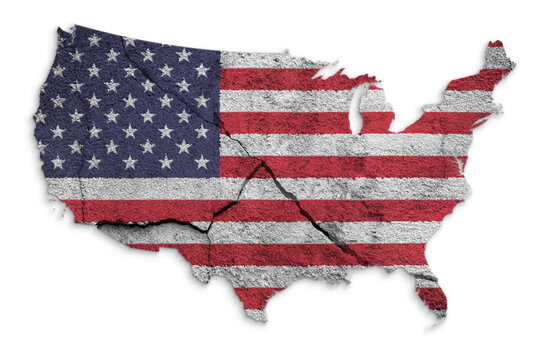 Flag of the United States of America (USA, US, America) painted on a cracked concrete wall in shape of USA map. Concept illustration on white background.