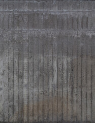Front view of messy and dirty gray concrete wall. High resolution full frame textured background. Copy space.