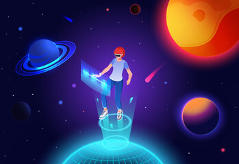 Woman in headset glasses virtual reality, flying weightlessness with neon hologram in orbit earth planet. Universe, metaverse education astronomy science in AR digital technology. Vector illustration