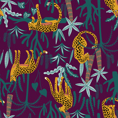 Vestor seamless pattern with leopards and tropical leaves. Trendy style.
