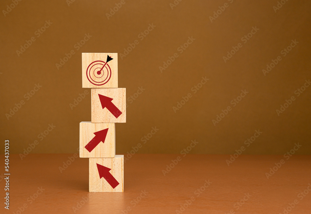 Poster business growth concept. wooden cubes with red arrows up point to an aim in a dartboard icon over a 
