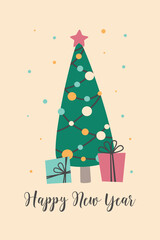 Vector card for the New Year. Christmas tree with presents. The inscription happy new year 