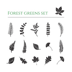 Set of forest greens in lino print style