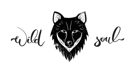 wolf portrait in lino print style with wild soul quote - 540437666