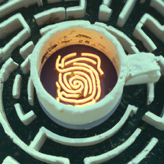Digital illustration of ancient magical cup of tea coffee surrounded with maze labyrinth mystical labyrinth depicting ancient technology. Magical path to coffee tea drinking ceremony. Drink ritual.
