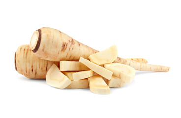 Tasty fresh ripe parsnips on white background