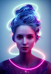 Portrait of beautiful cute girl in neon glow