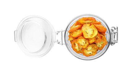 Glass jar of cut dried kumquat fruits isolated on white, top view