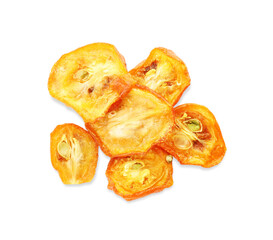 Cut dried delicious kumquat fruits isolated on white, top view