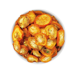 Bowl of cut dried kumquat fruits isolated on white, top view