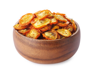 Wooden bowl of cut dried kumquat fruits isolated on white