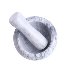 Marble mortar and pestle on white background, top view