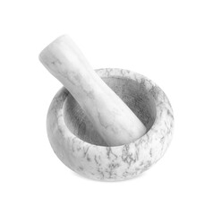 Marble mortar and pestle on white background