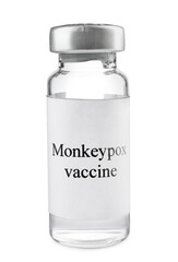 Monkeypox vaccine in glass vial isolated on white