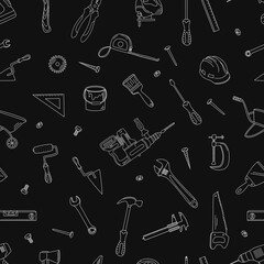 Seamless pattern with building elements. Outline vector illustration in doodle style. Construction tools.
