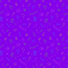 Happy Birthday. Seamless pattern with birthday elements. Cakes, gifts, balloons and more. Outline vector illustration in doodle style.