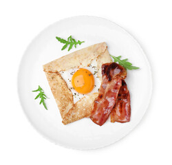 Delicious crepe with egg isolated on white, top view. Breton galette