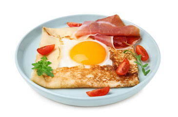 Delicious crepe with egg isolated on white. Breton galette
