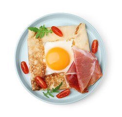 Delicious crepe with egg isolated on white, top view. Breton galette