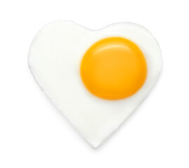 Heart shaped fried egg isolated on white, top view
