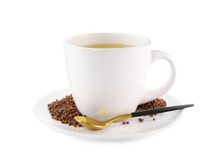 Cup of aromatic buckwheat tea and granules on white background