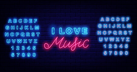 I love music neon label. Karaoke club emblem. Talent show. Shiny blue alphabet. Vector stock illustration