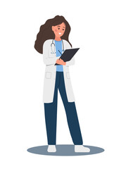 Naklejka na ściany i meble Female doctor writing medical prescription. Woman in uniform holding clipboard with recipe for patient. Healthcare, treatment and pharmacy concept. Vector illustration in flat cartoon style.