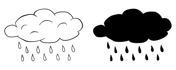 Cloud with rain drop. Outline and silhouette vector illustration isolated on white background. Weather icon. Cloud and raindrops.