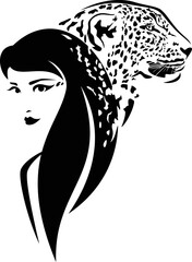 beautiful woman with long hair and wild leopard head - black and white vector portrait of girl and big cat © Cattallina