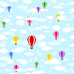 Heißluftballons und Wolken auf blauem Hintergrund. Vektor-Illustration. Nahtloses Muster des Heißluftballons.