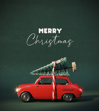 Cute red retro car with Christmas tree on the roof and Merry Christmas text on green background 3D Rendering, 3D Illustration