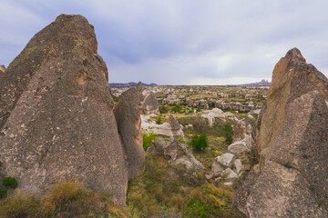 View from the observation deck to rock formations at Goreme, Cappadocia, Turkey