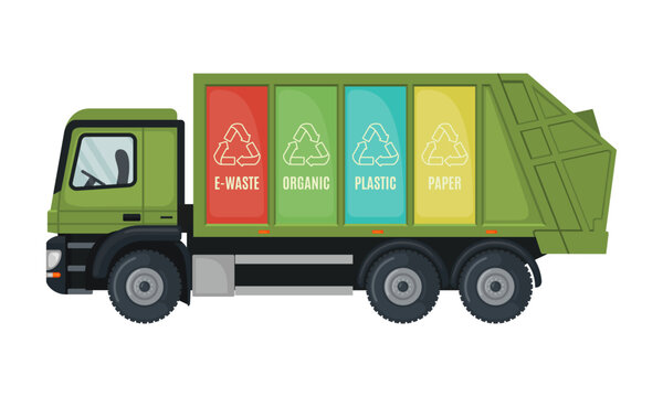 Garbage truck icon in flat style isolated on white background.