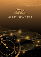 Happy New Year and Christmas background with golden clock. Xmas banner. Vector