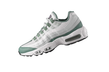 White sneaker with light green accents on a white isolated background, men's fashion, sport shoe,  air, sneakers, lifestyle, concept, product photo,  levitation concept, street wear, trainer