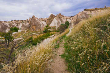 View from the observation deck to rock formations at Goreme, Cappadocia, Turkey