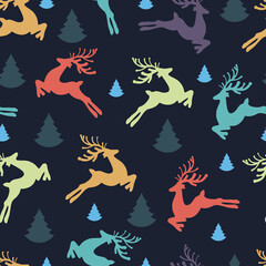 Seamless pattern Christmas colorful deer and fir. Xmas decoration. Vector