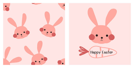 Seamless pattern with rabbit cartoon on pink background. Rabbit face with carrot and hand written font vector.