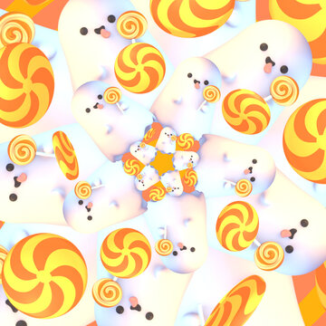 3d rendered cartoon cute ghost with lollipop pattern.