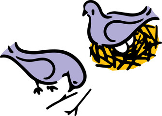 卵を守る鳩のカップル。アイソメトリック図。