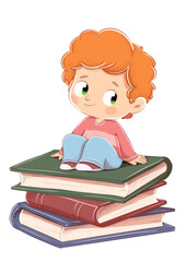 Boy sitting on several stacked books - 540448475